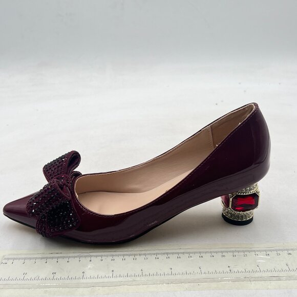 FSJ Dark Grayish Purple Pointed Toe Crystal Rhinestone Bow Block Low Heel Pump - Picture 2 of 8